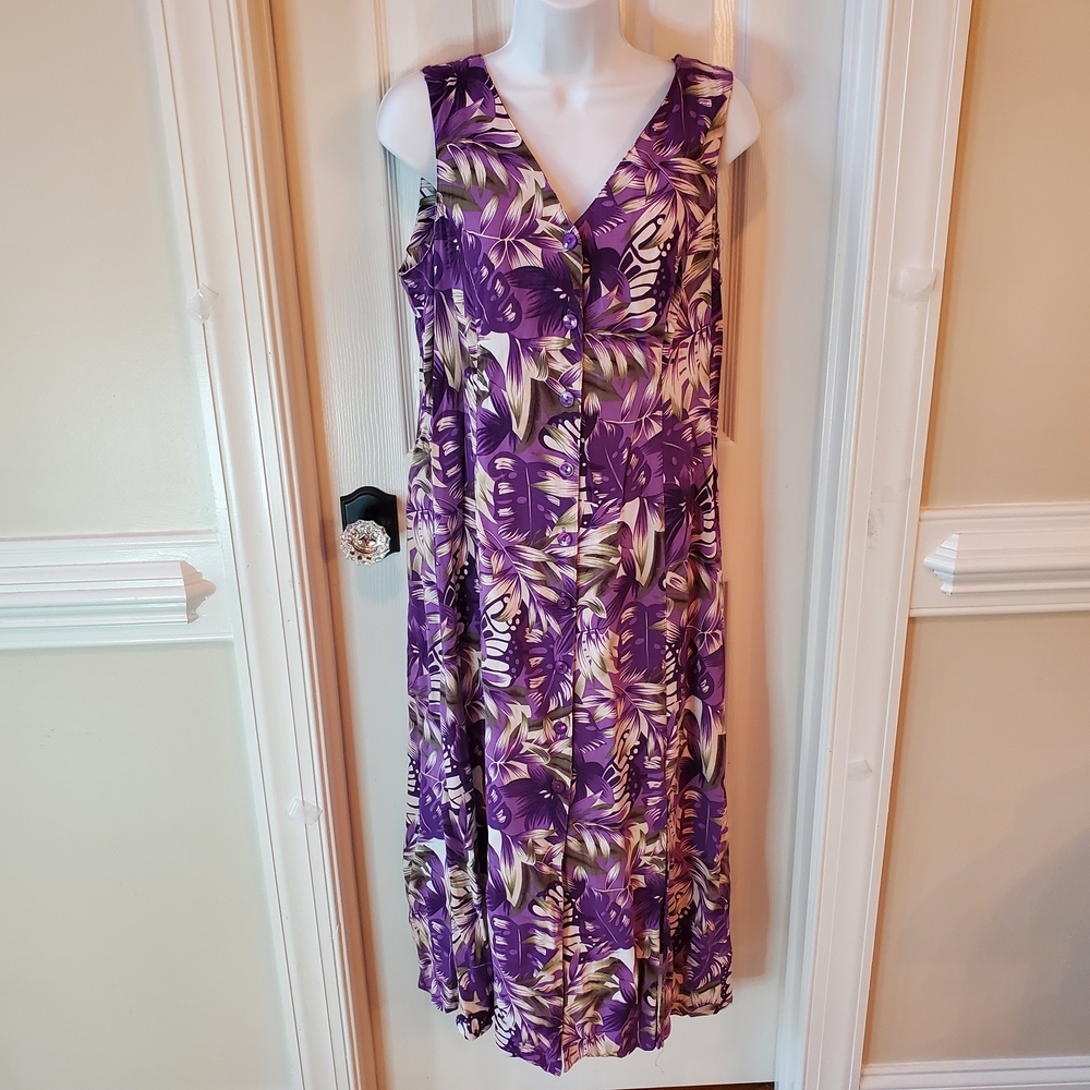 Erika Purple Tropical Floral Sleeveless Button Front Maxi Dress Size L